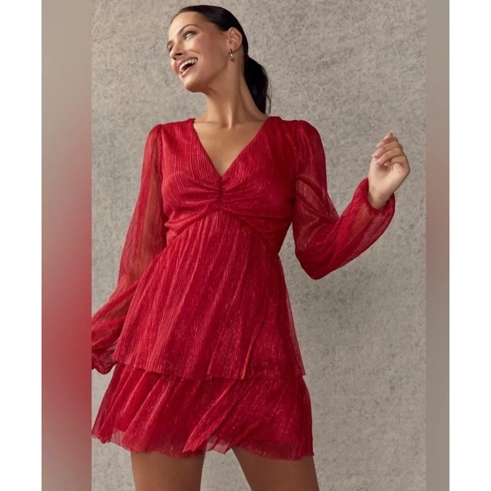 Francescas Red Metallic Tiered Mini Dress Sleeve S NWT y2k party festive dainty